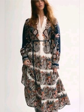 Sz M H&M Dress With Tiered Skirt New Blue Beige/Paisley